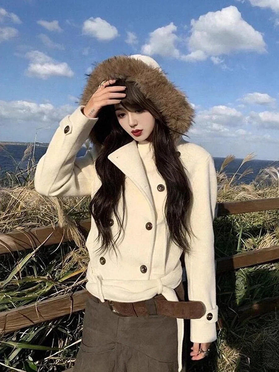 

Losa Rosa Women's ort Thiened Woolen Coat Fur Collar Hooded White Winter New Sle Korean Version Travel Commute Casual