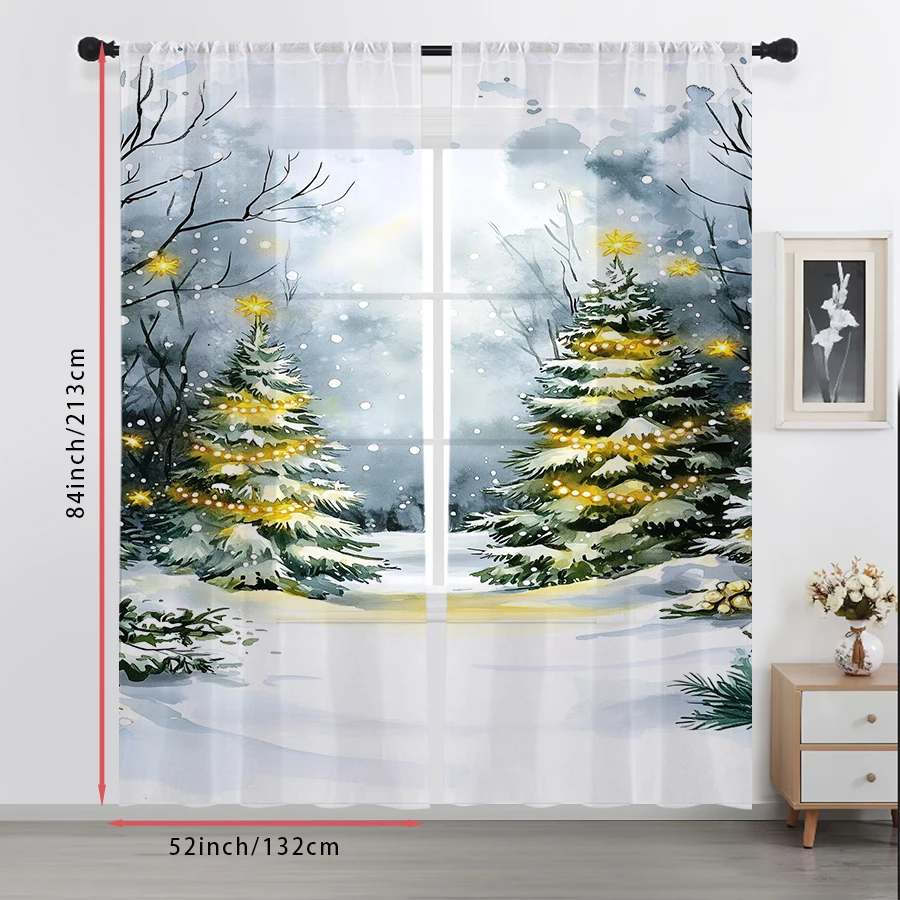 2PCS Sheer Curtains Watercolor Christmas Tree Light Snow Print, Window Voile Panels for Bedroom Living Room Xmas Home Decor view 5