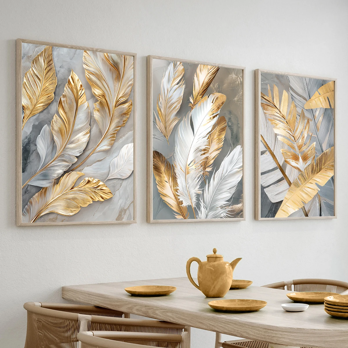 3pcs/Set Abstract Golden White Feather Leaf Canvas Poster Picture Wall Modern Living Room Decoration