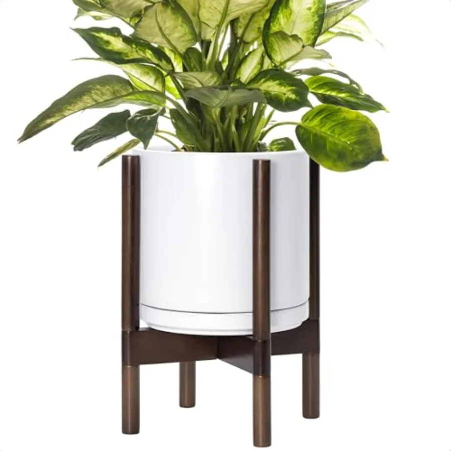 

Ceramic Planter with Walnut Color Stand - 10 Inch Modern Round Flower Pot for Indoor Use, White Ceramic and Wood, Lightweight a