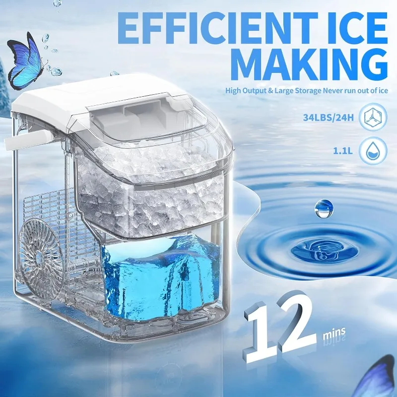 Nugget-máquina de hielo portátil para encimera, máquina de hielo de pellets masticables suaves, automática, 34 libras en 24 horas, Pebble