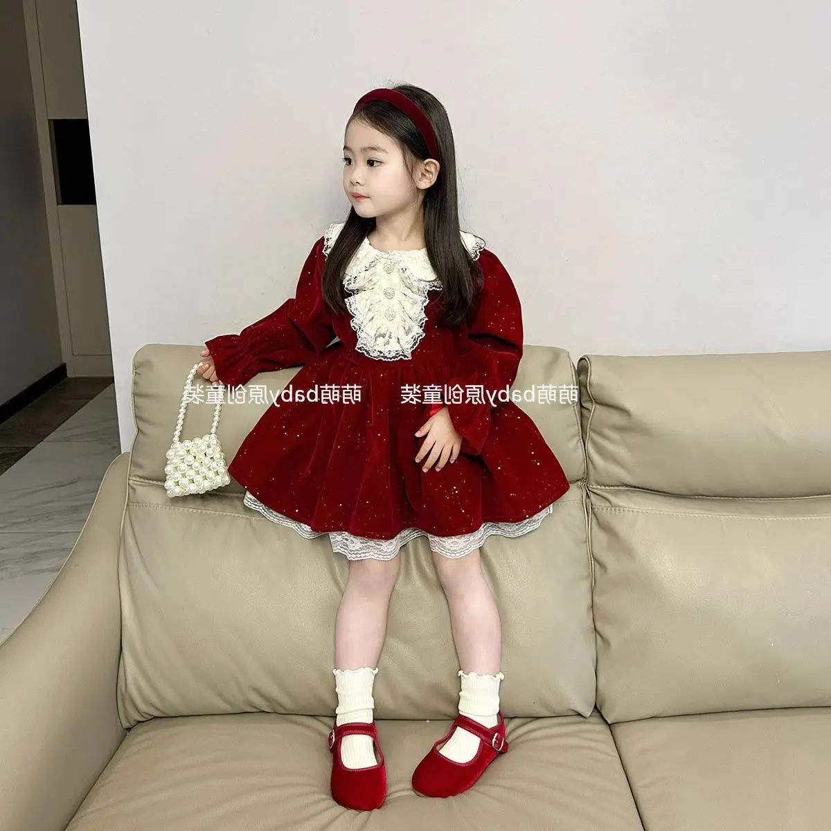 Girls Red Dress 2024 Autumn Winter New Red Fine Glitter Lace Collar Velvet Dress Baby Girls Velvet Princess Dress Skirt Clothes