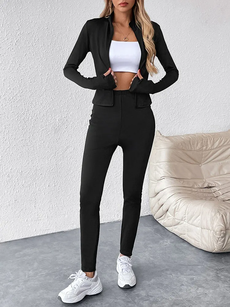 

Women's T-shirt Slim Pants Spring 2 Piece New Streetwear Fashion Zippers Long Sleeves Tees Black Sexy Casual Slim Trousers Piece