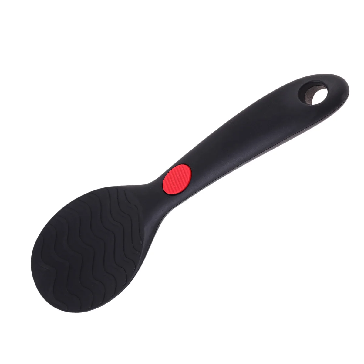 

Silicone Rice Spoon Black Non-Stick Safe Cookware Lightweight Ergonomic Handle Hanging Hole Anti-Slip Button Kitchen