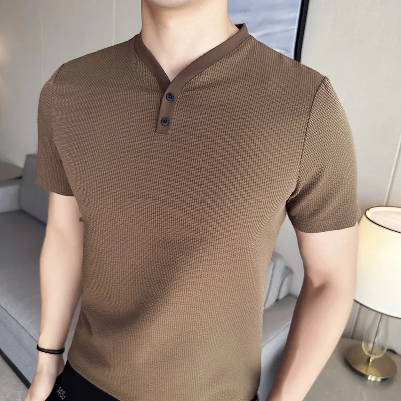 

Summer Thin Ice Silk Waffle Polo T-shirts Men Short Sleeved Slim Casual T-shirt High Quality Business Social Men Clothing 2023