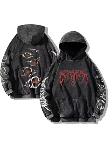 Gothic Vintage Washed Hoodies Teeth Funny Printed Sweatshirts Harajuku Retro Long Sleeve Pullover Men Women Y2k Oversized Hoodie