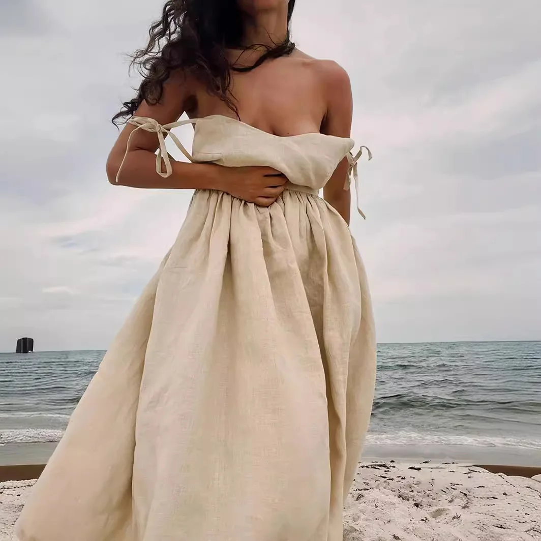 

Women Elegant Sexy Strappy Backless Dress Summer Beach Style Vintage Loose A-line Sling Bohemian 100%cotton Y2K Maxi Long Dress