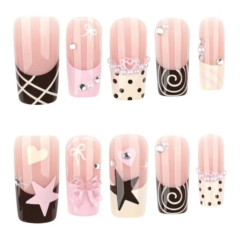 

24 шт. Y2k средние квадратные накладные ногти с милым бантом, коричневая звезда, французский пресс на ногтях, полное покрытие, простые точки с жемчужными накладными ногтями