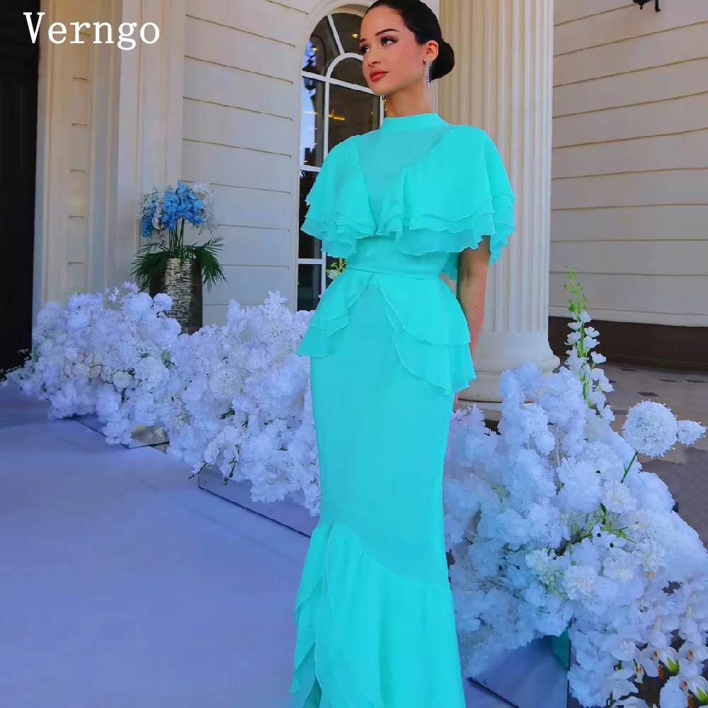 Verngo Mint Green Chiffon Prom Dress O Neck Short Sleeves Mermaid Party Dresses Side Slit Floor Length Evening Dress Customized