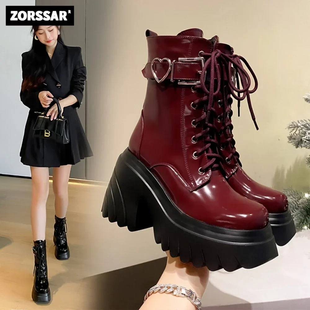 

Wine Red Women Motorcycle Boots Platform Chunky Heel Ankle Boots Fashion Buckle Gothic Style Modern Boots High Heels Short Boots