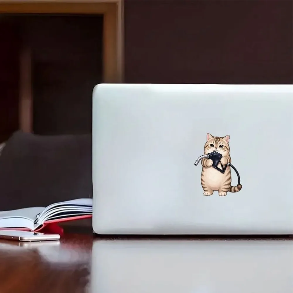 1 Pack Cute Round toon Cat Vinyl Sticker Light Brown and White Striped Fur Posing Pump Nozzle Big Cool Car Laptop Windo