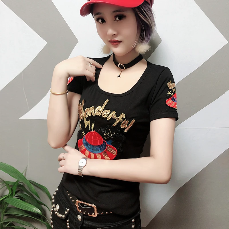 패셔너블한 여성용 티셔츠, 헤비 자수 슬림핏 코튼 베이스 티셔츠, 트렌디한 스트리트웨어, 라운드넥 탑