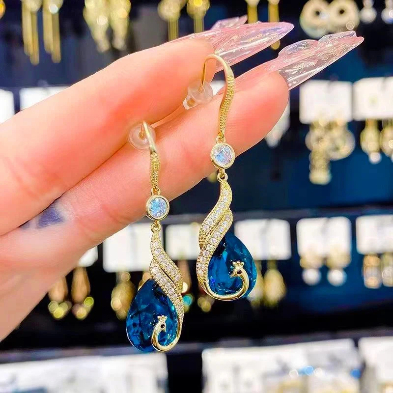 Blue Crystal Peacock Zircon Pendant Gold Color Ear Hook for Women New Fashion Elegant Temperament Ladies Wedding Party Jewelry