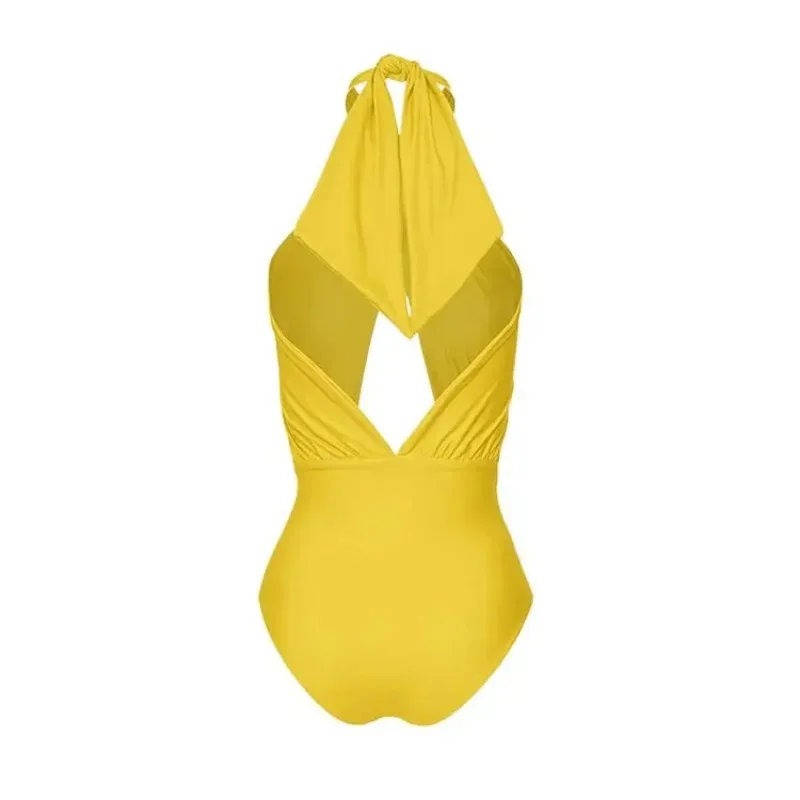 SUNSIREN Sexy Hollow Out Yellow Swimsuit Women Halterneck One-Piece Swimwear Floral Print Cover Ups Push Up Beach Wear Summer