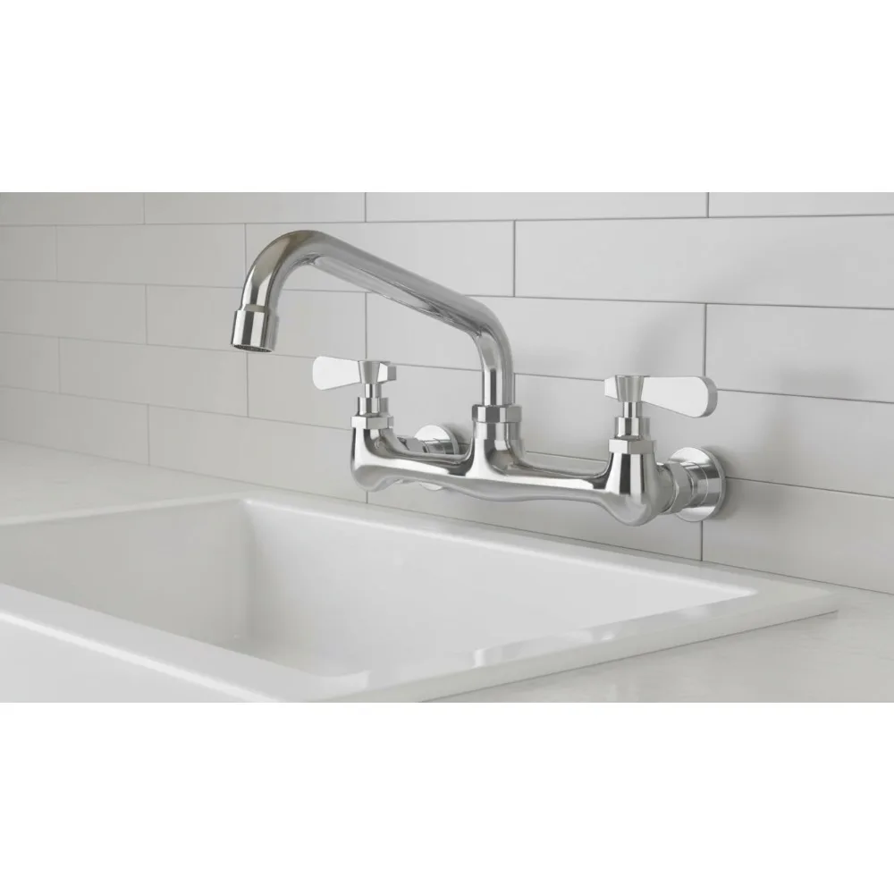 

Commercial Kitchen Faucet Wall Mount 8" Swivel Spout Dual Handle Chrome Mixer Tap for Restaurant Laundry