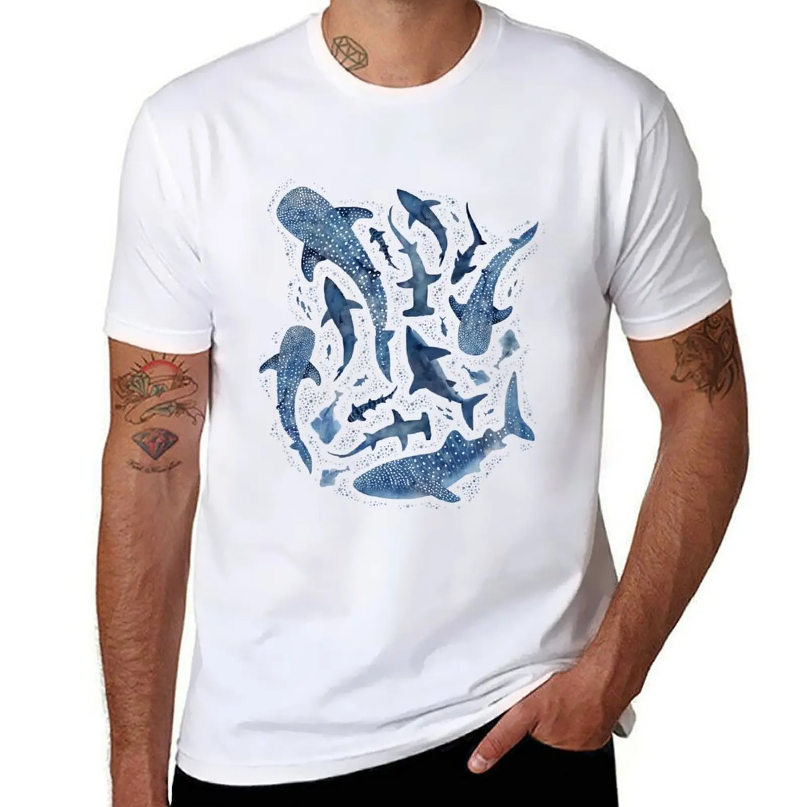 

shark quality t t shirts T-Shirt man white ocean for high cotton on blue watercolour funny cotton man shirt Monochrome