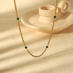 Stylish 16K Gold Plated Stainless Steel Synthesis Malachite Beads Necklaces Waterproof Twist Chain Collar Necklace For Women