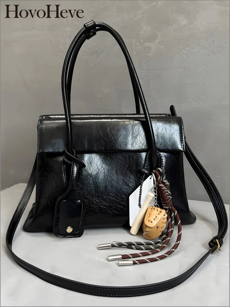 Concise Genuine Leather Single Shoulder Handbag Large Capacity Crossbody Bags Solid Color Cowhide Zipper Female Flap Bag