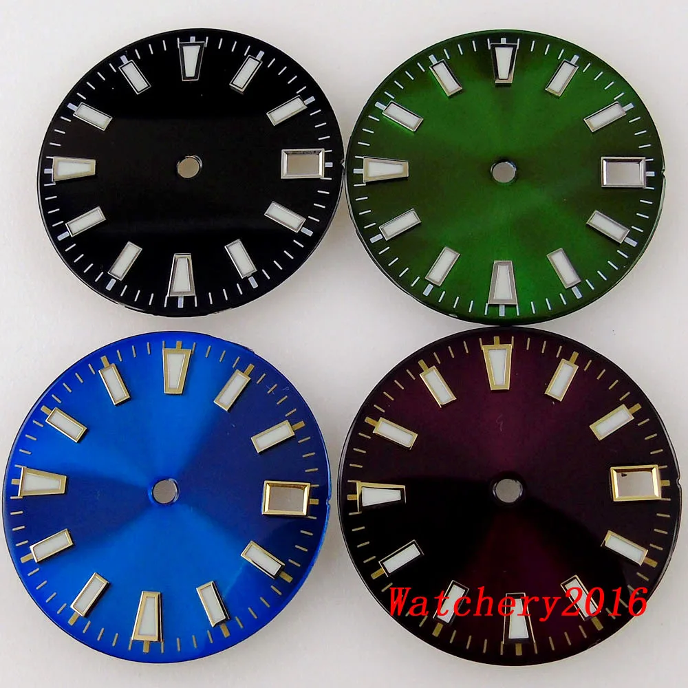 

Bliger 28.5MM Luminous Blue Purple Green Black Watch Dial Fit NH35 NH36 Automatic Mens watch Silver Marks Date Window