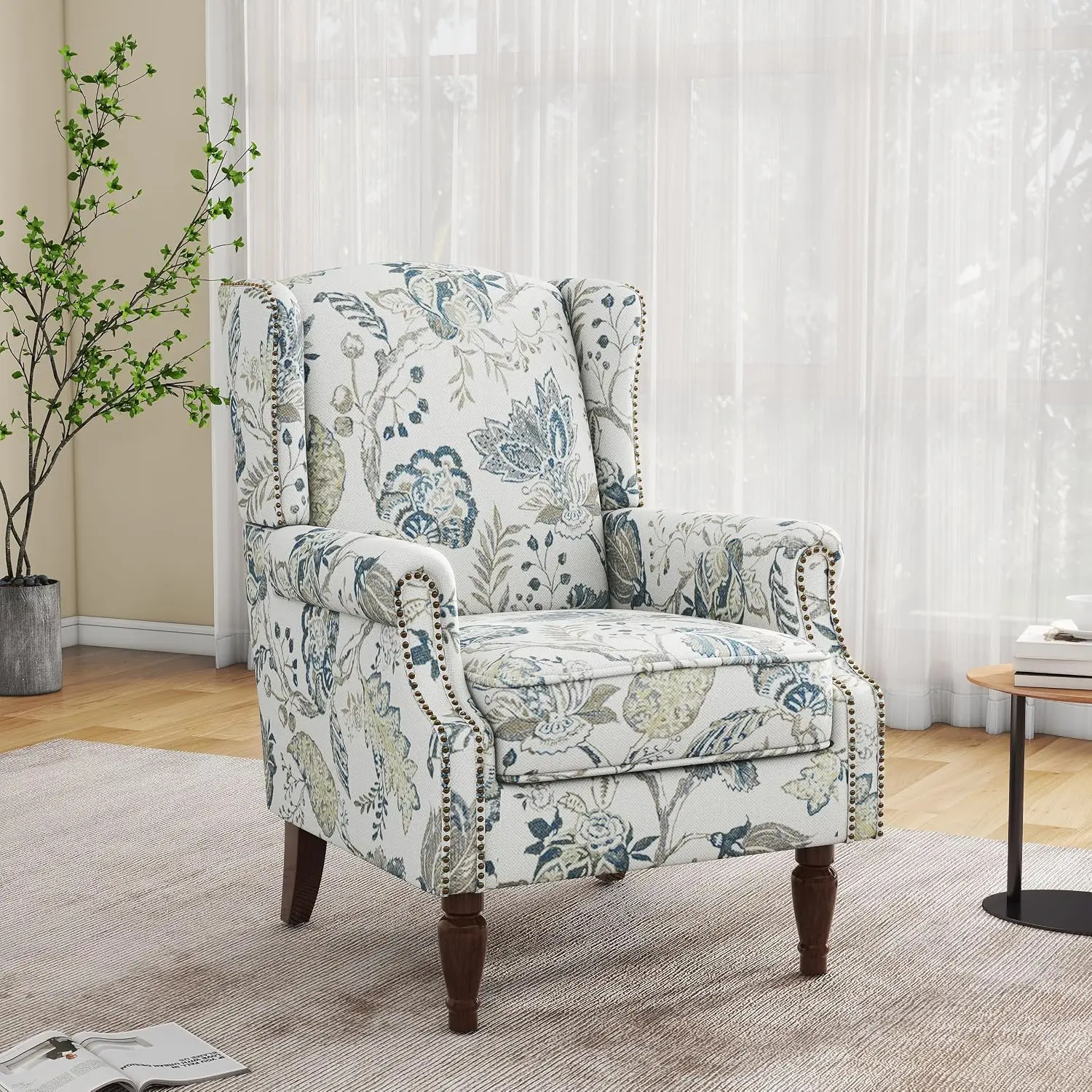 Floral Wingback Accent Chair with Wood Legs, Plants Blue, Set of 1 | Comfy Reading Armchair, High Back Single Sofa,, Customized