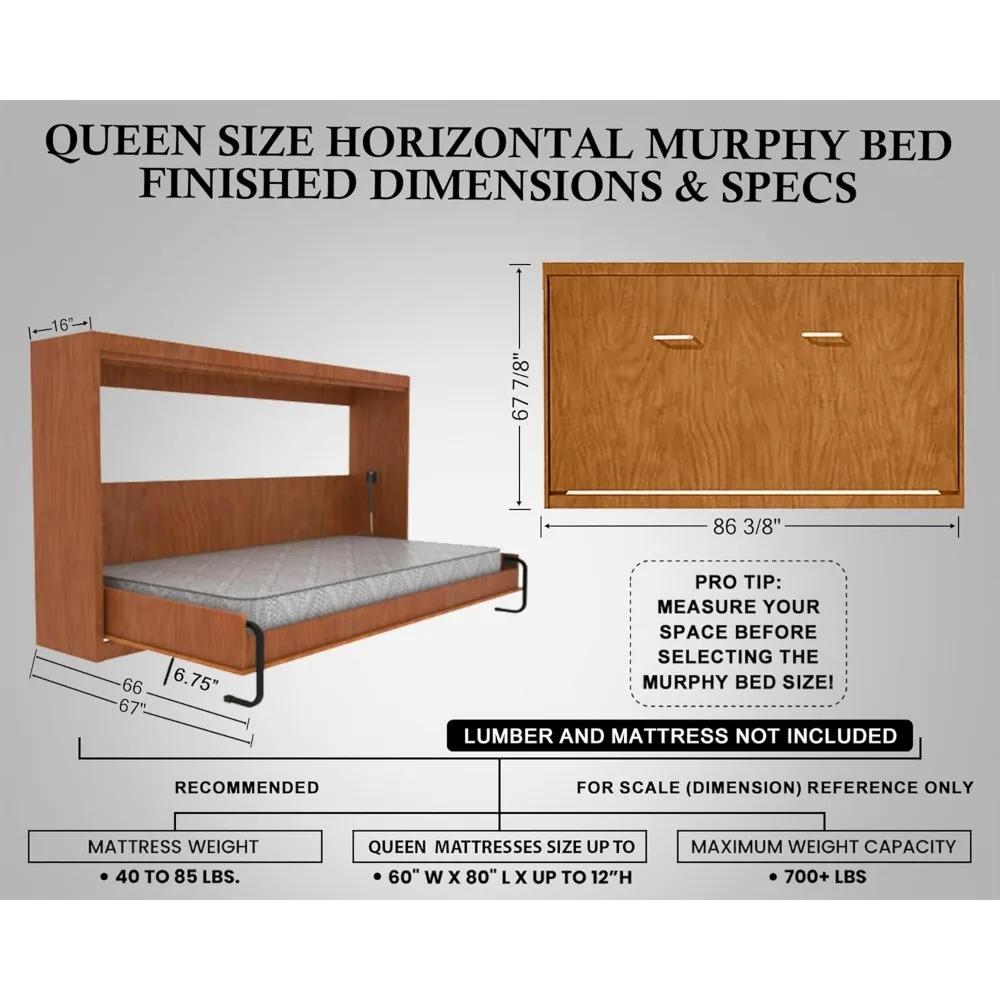 طقم سرير ميرفي بحجم كوين مثبت على الحائط عموديًا - حل DIY موفر للمساحة - صديق للميزانية - صنع في الولايات المتحدة الأمريكية - سرير مخفي