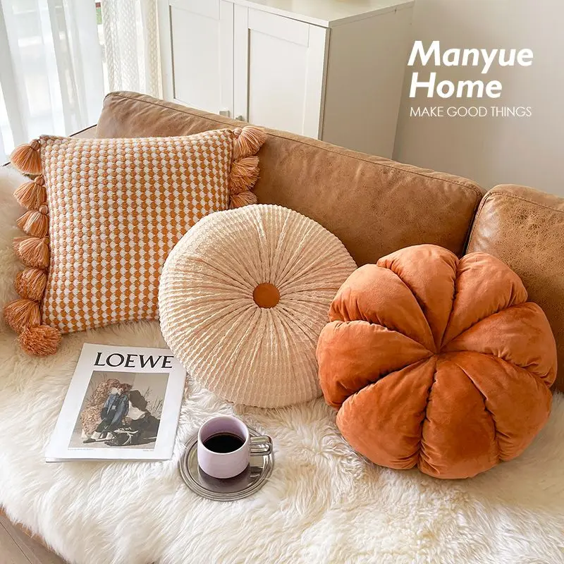 Orange Round Pumpkin Sofa Cushion Luxury Living Room Houndstooth Pillow Car Office Waist Back Cushions Bedroom  Home Decoration