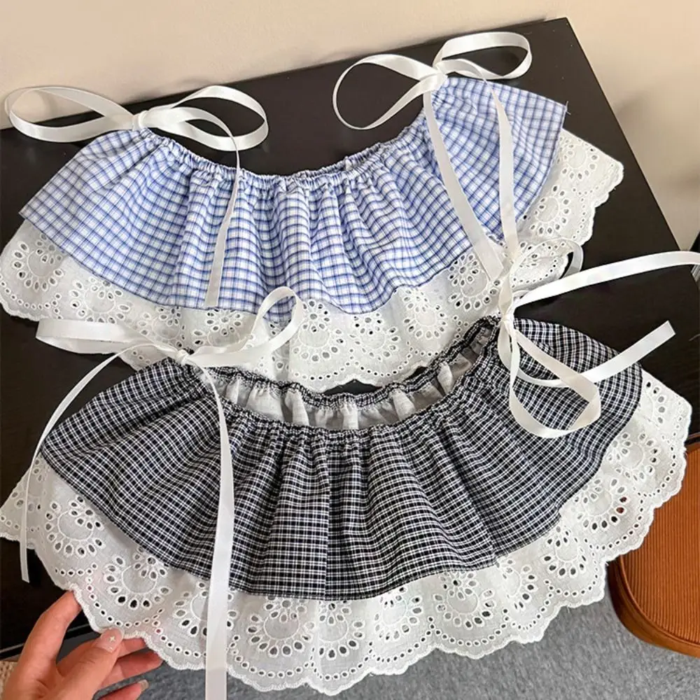 

Fashion Balletcore Plaid Fart Curtain Lace Up White Lace Mini Skirts Elastic High Waist Butt Curtain Jeans Decorative