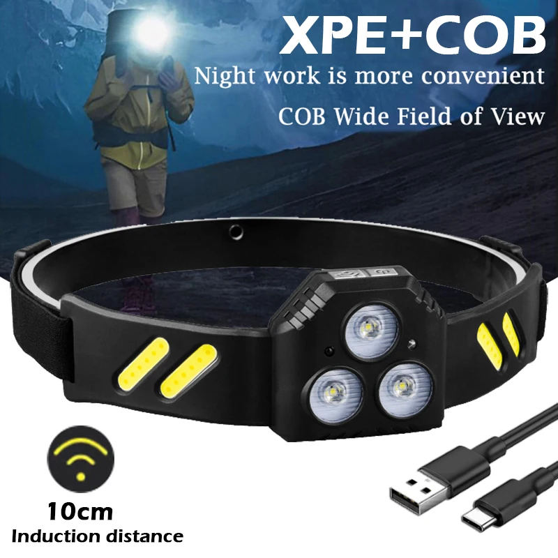 USB 충전식 LED 센서 헤드램프 – XPE + COB 조명, 캠핑 및 낚시에 최적화된 LED 헤드라이트