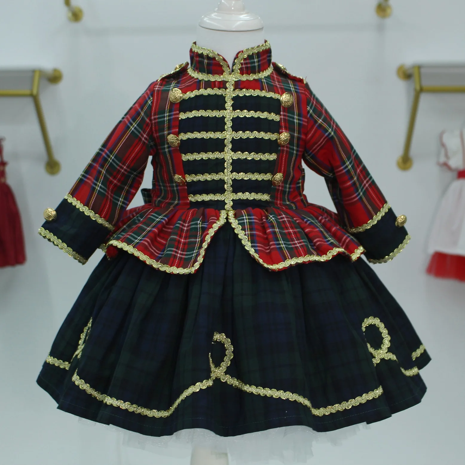 0-12Y Baby Girl Autumn Winter Green Plaid Red Velvet Vintage Spanish Princess Ball Gown  Dress for Eid Causal C58
