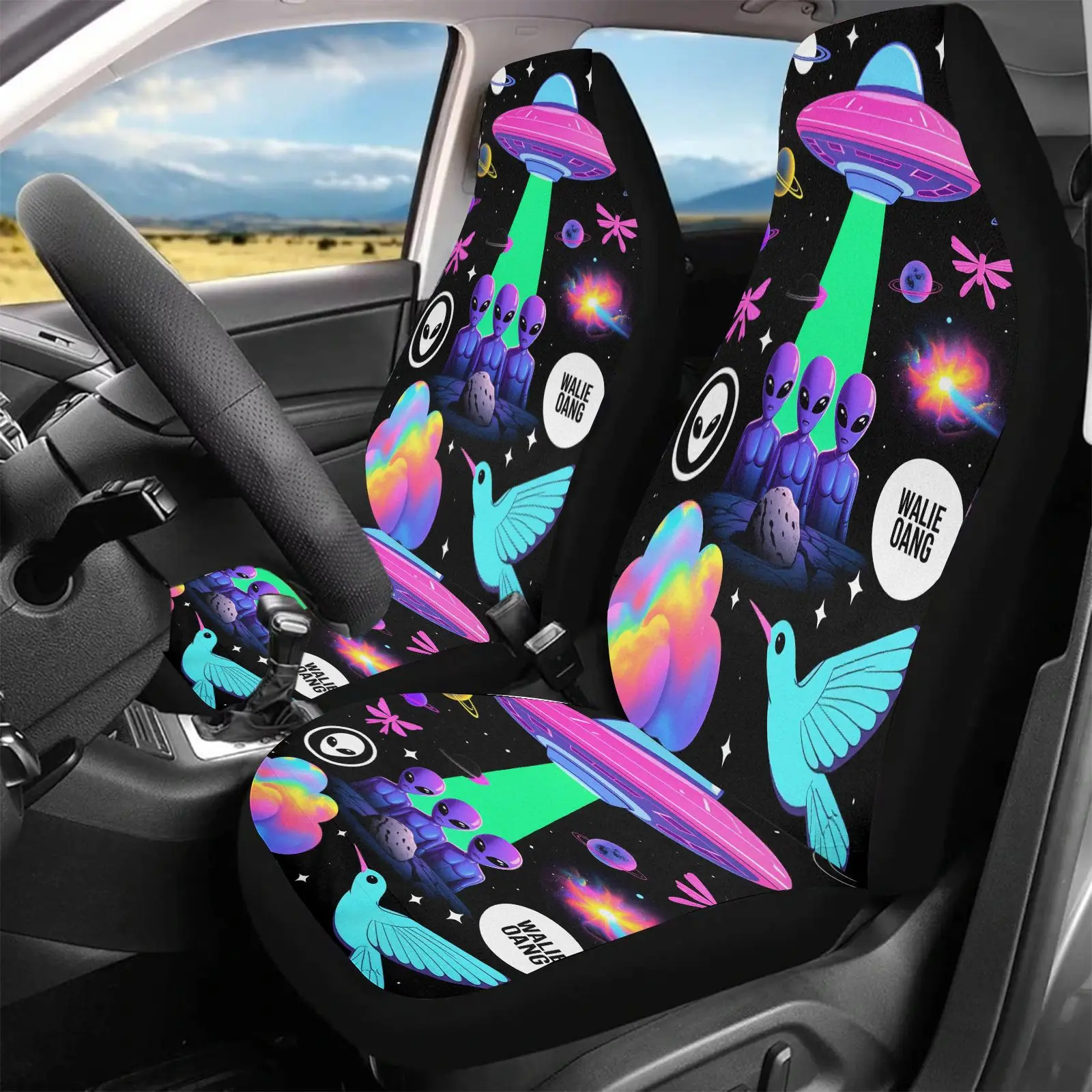 2pcs Car Seat Covers | Black Polyester Seat Covers With Alien UFO And Rainbow Birds Print, Wake Gang Text For Car Interior Decor