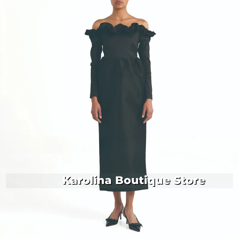 Robe de soirée en Satin noir à volants, épaules dénudées, colonne, manches longues, longueur thé, pour femmes, 2025