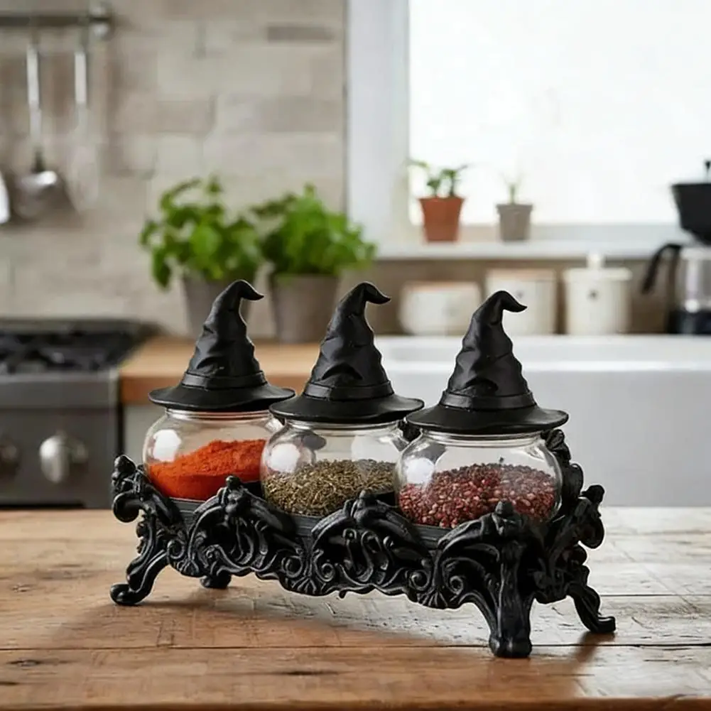 Witch Hat Jar Gothic Glass Vintage Witch Hat Lids Salt Pepper Seasoning Containers 3pcs Frog Spice Jar Set For Salt Pepper