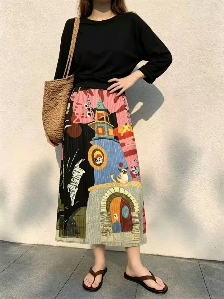 2026 Summer Skirts for Women Casual Cat Cartoon Printed Pleated Skirt Loose Elasticity High Waist Straight Mid Length Skirt