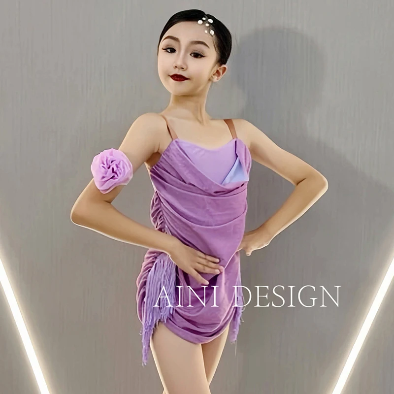 

Kids Latin Dance Dress Girls Purple Fringe Dress Cha Cha Rumba Samba Dance Performance Clothes Latin Practice Dancewear DNV20905