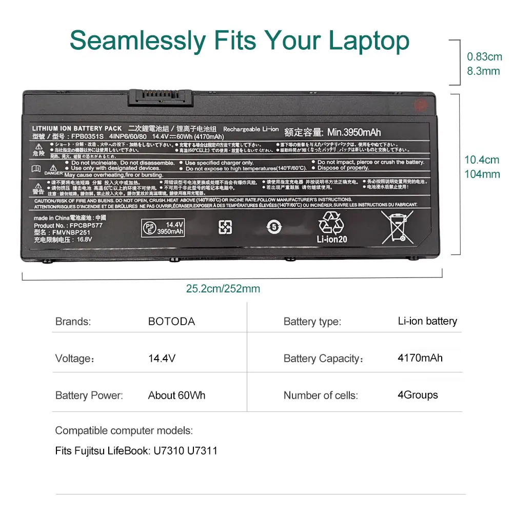 BOTODA 14.4V 60Wh 4170mAh FPCBP577 Laptop Battery for Fujitsu LifeBook U7310 U7311 Series FPB0351S FMVNBP251