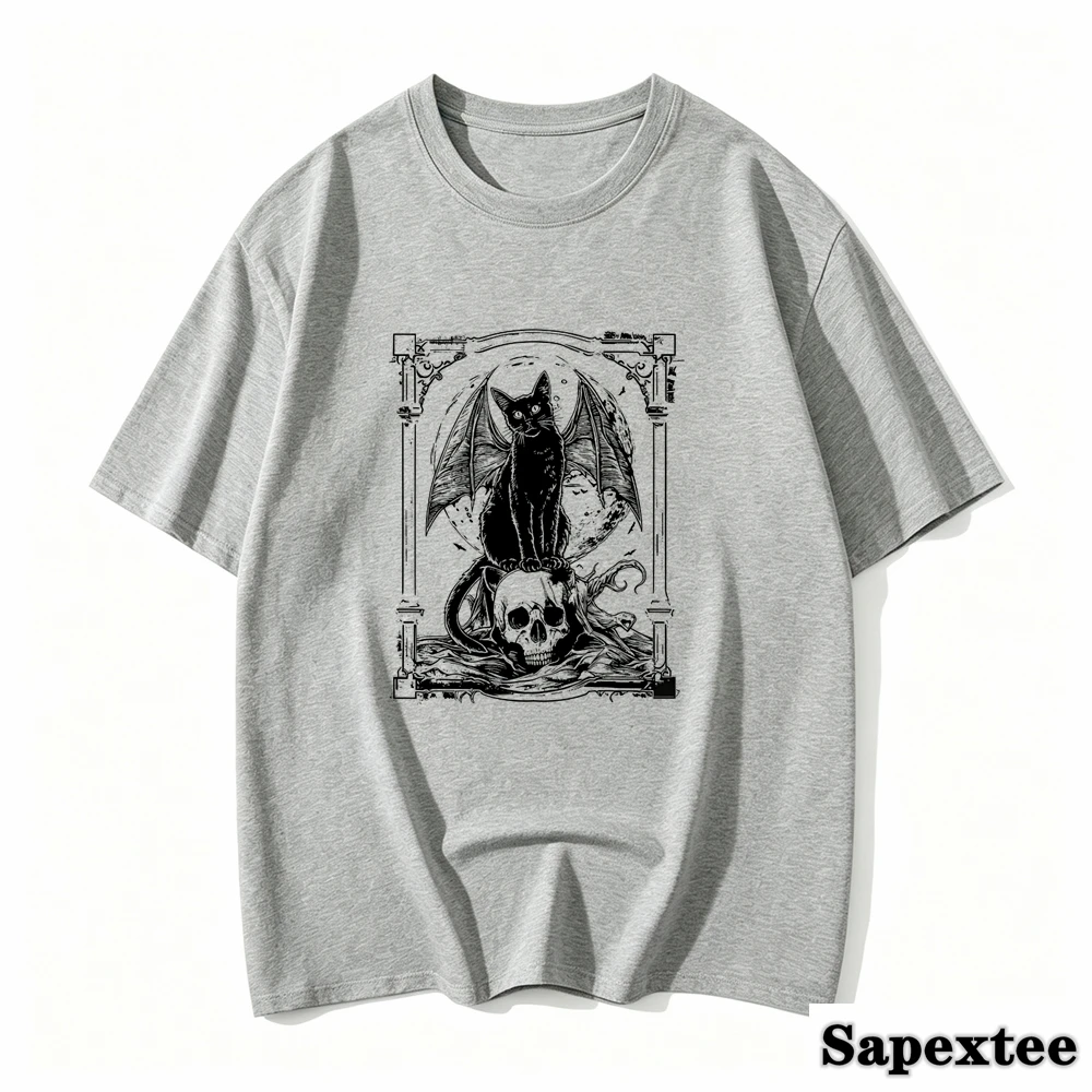 Mysterious Bat Skull Gothic Pattern T-shirt Women's Black Metal Punk Style Perfect Outdoor Casual Avant-garde Fashion Graphic