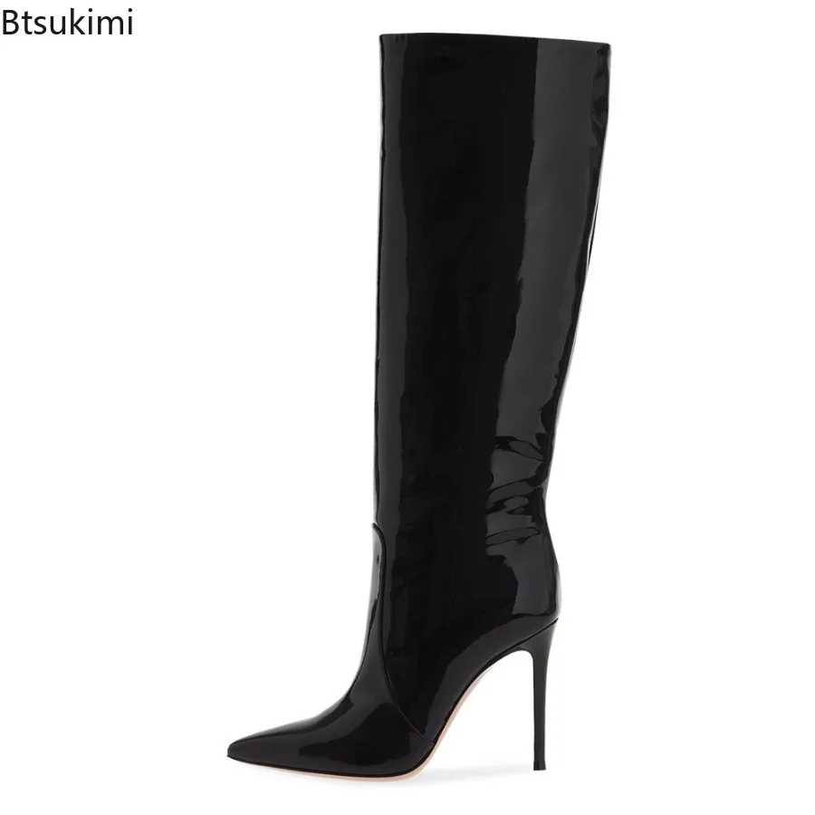 

Women's Pointed Toe Knee High Boots Stiletto High Heels Soft PU Leather Flock Concise Side Zipper Fashion Boots 34-46 Big Size