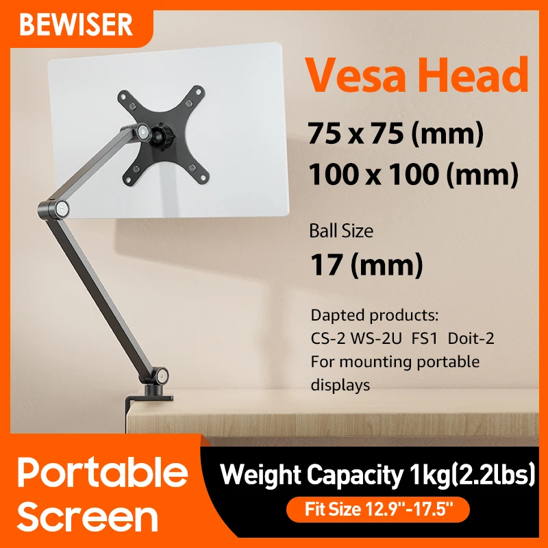 

Bewiser Portable Monitor Desk Mount Aluminum Alloy Stand Holder 75*75/100*100(mm) VESA,For 7-18 inch Screen Tilt/360° Rotation