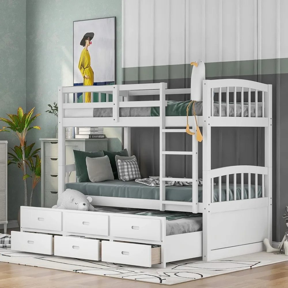 Litera, con riel de seguridad, escalera, cama nido doble blanca con 3 cajones para niños, dormitorio de adolescentes, muebles de habitación para invitados