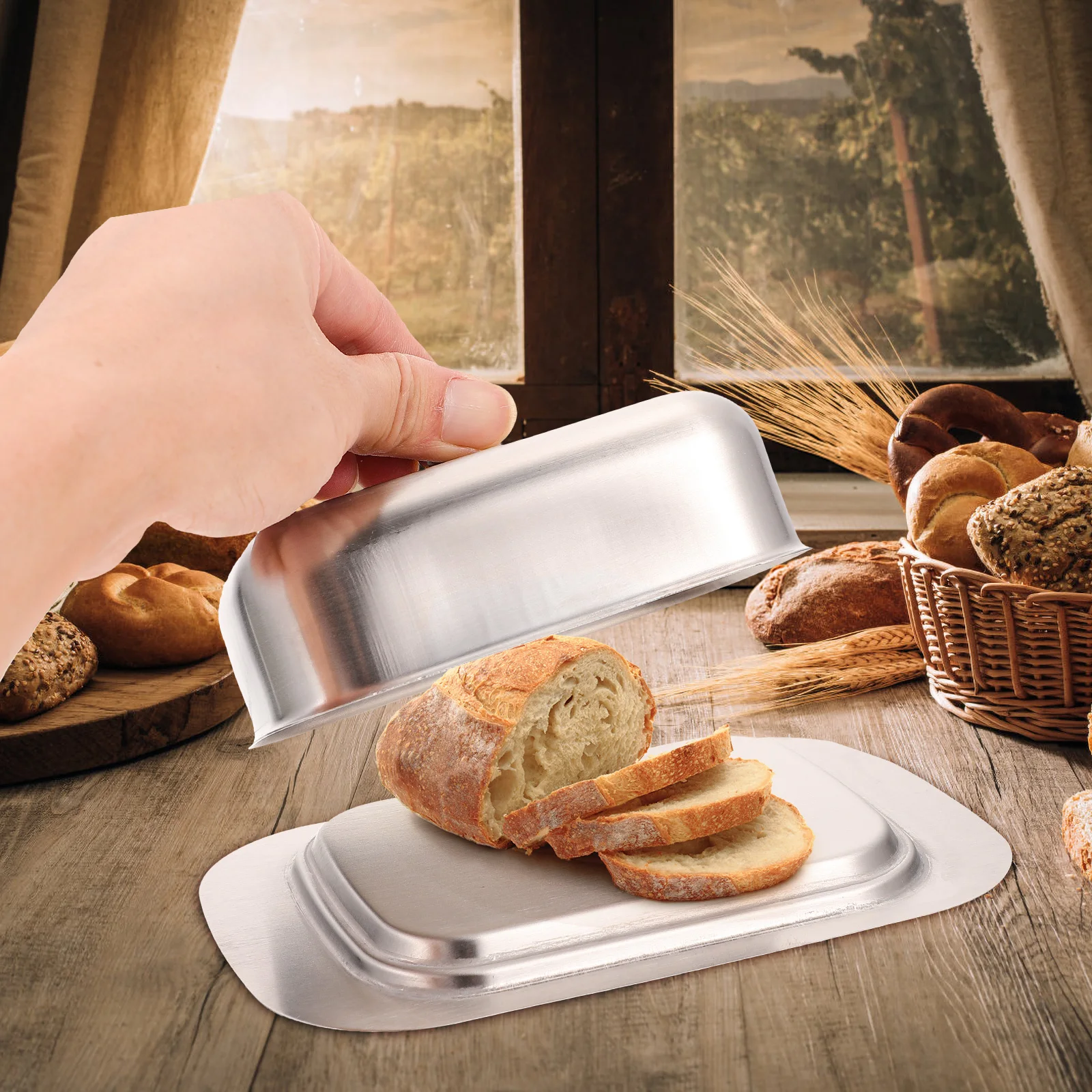 

1Pcs Lid Butter Dish with Knob Protective Butter Container Stylish Cheese Plate Household Tray Stainless Steel Plate
