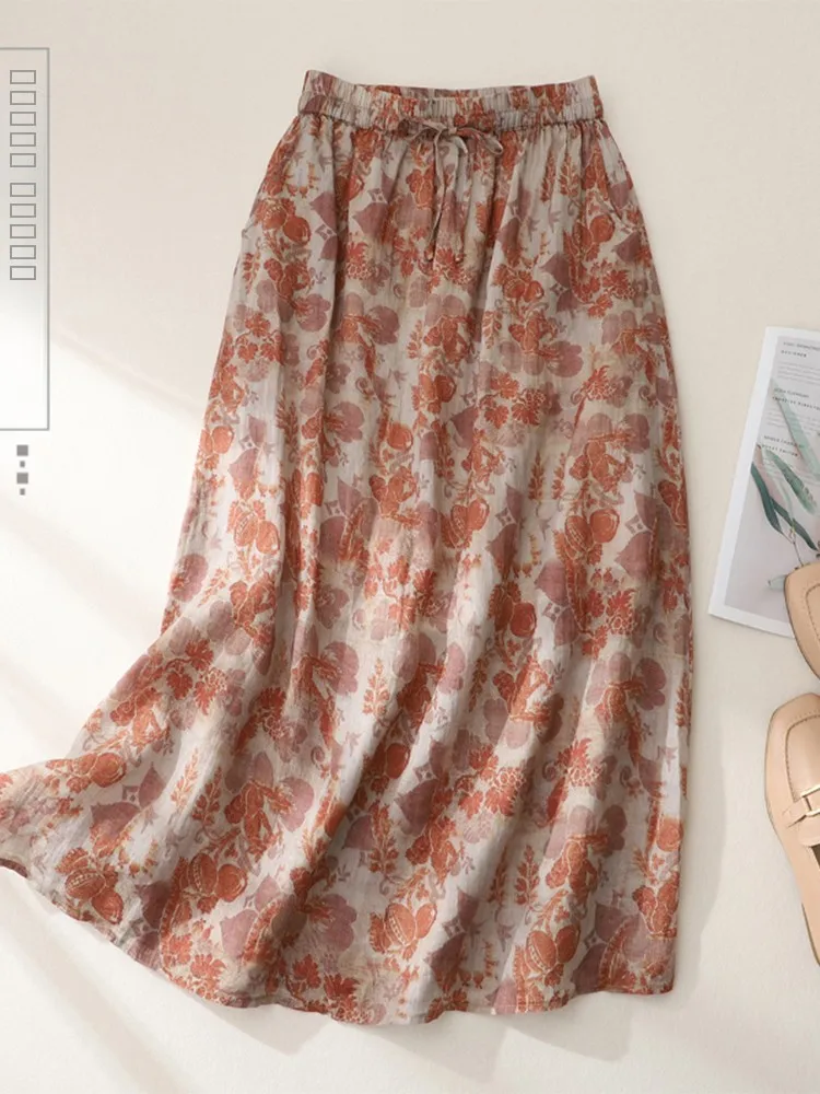

High Waist Cotton Linen Loose Midi Skirt Women's A-Line Skirt Slimming Print Comfortable Fit Summer Season Casual Wear