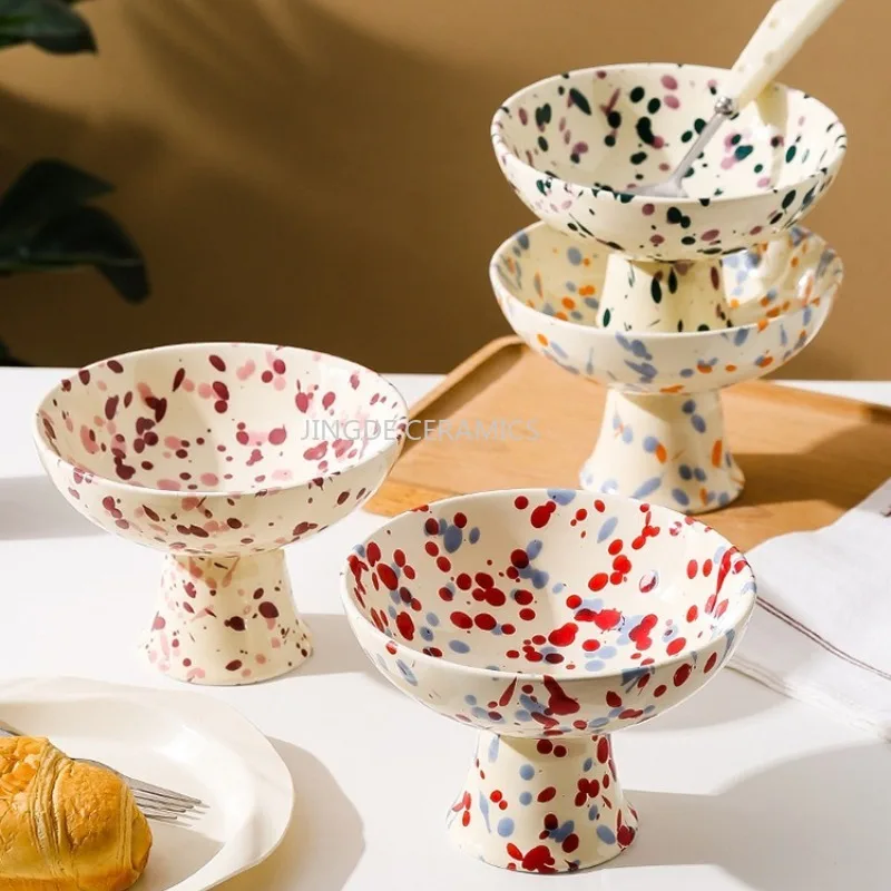 1pc Ceramic High Footed Bowl, High Footed Dessert Cup, Ice Cream Yogurt Oatmeal Fruit Salad Bowl, Home Utensil Decoration