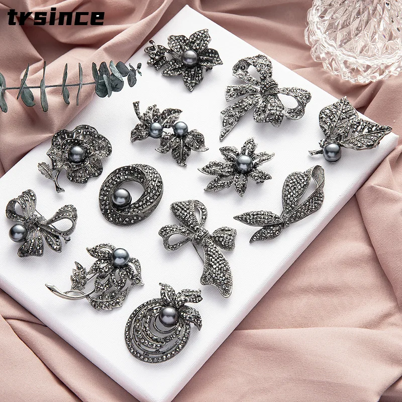 trsince Vintage Rhinestone Black Pearl Alloy Bow Women Brooch Pin Fashion Corsage Personality Clothing Accessories Jewelry