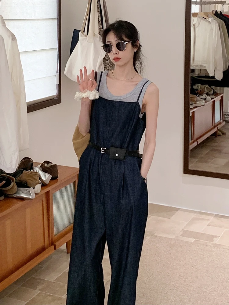 

BRIVIN Korean Sle Retro Denim Blue Stras Women's High Waist Wide Leg Pants Suit Summer New Arrivals