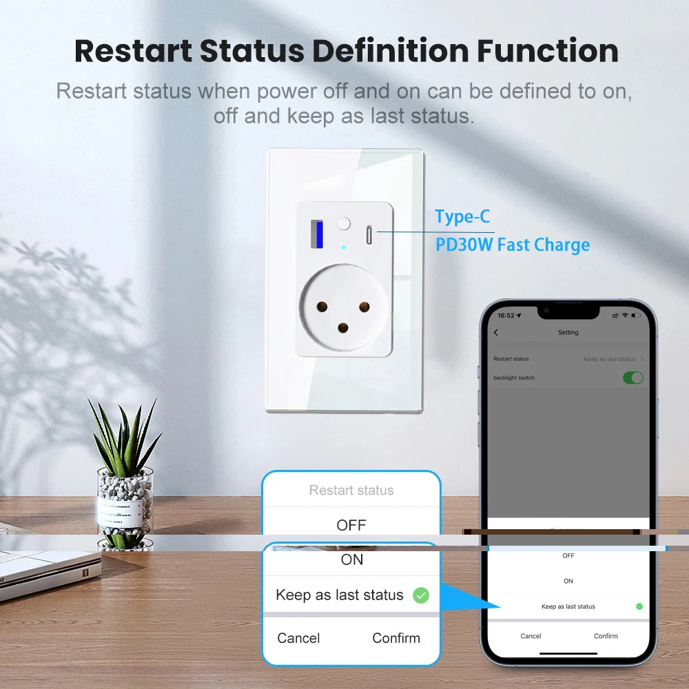 Tuya Wifi Smart Life Israel Power Wall Socket USB 3A Type C PD 30W for Iphone EU Plug Outlet Glass Panel by Alexa Google Home