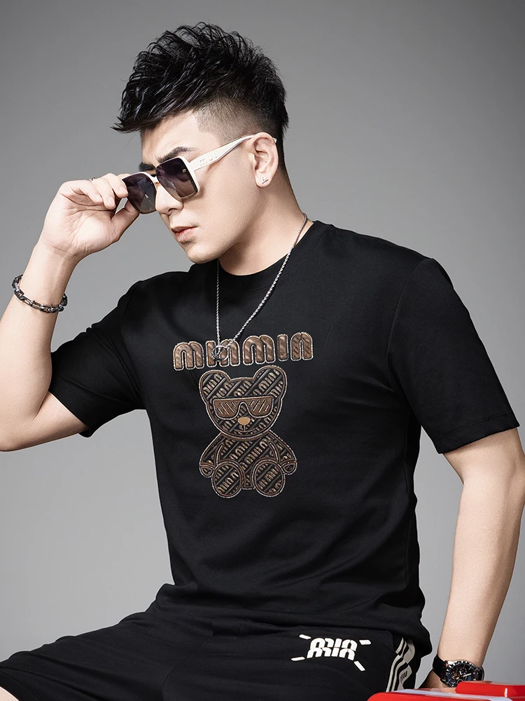 

Элитная мужская футболка с коротким рукавом и круглым вырезом, летняя коллекция 2026, с блестящим принтом медведя, модный молодежный топ из смесового хлопка