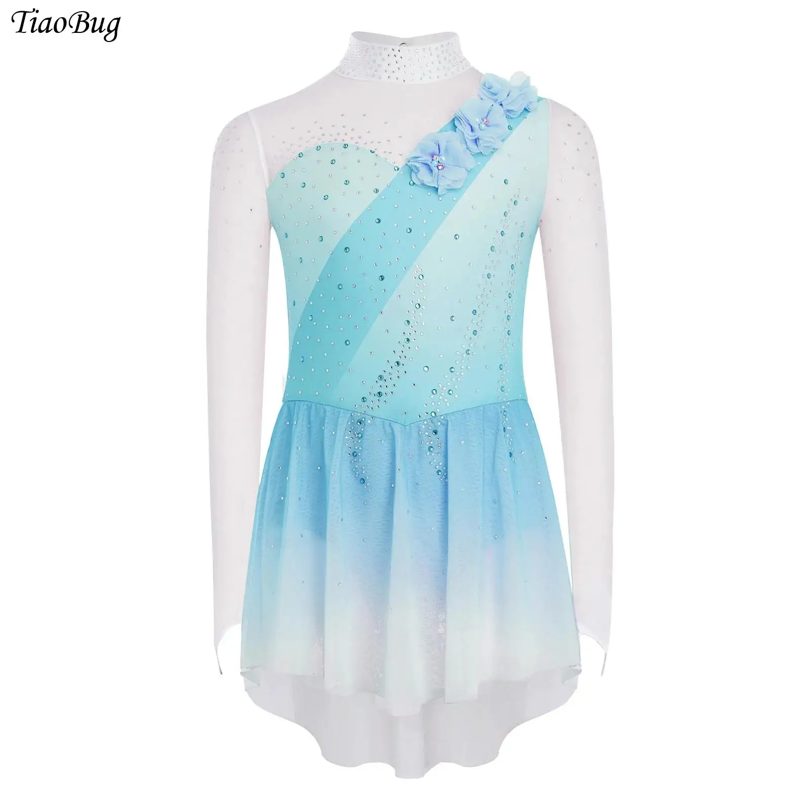Girls Figure Ice Skating Dress Sheer Mesh Long Sleeves 3D Flowers Rhinestones Gradient Color Ballet Gymnastics Leotard Costume