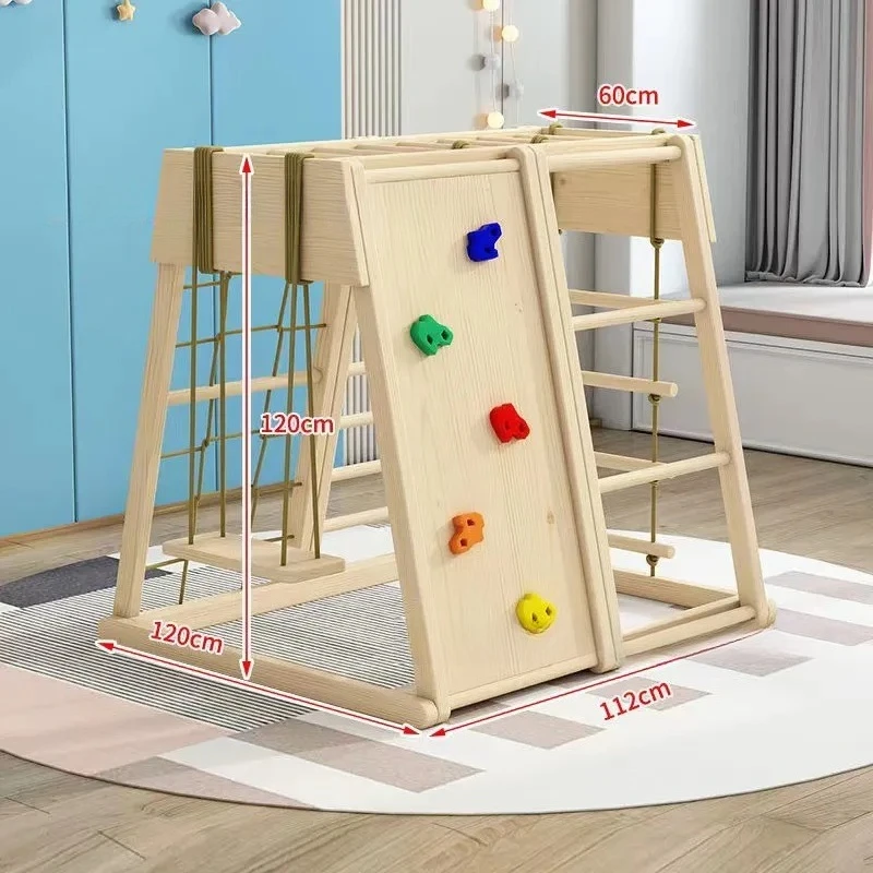 JMZ Wooden Slide Kids Indoor Climbing Frame Swing Mesh Rope Combination Toddler Solid Wood Small Playset for Children Room