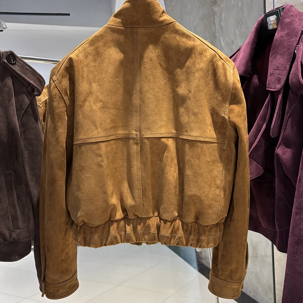 YOLOAgain 2026 Spring Short Suede Bomber Jacket Women Genuine Sheepskin Leather Jacket Ladies
