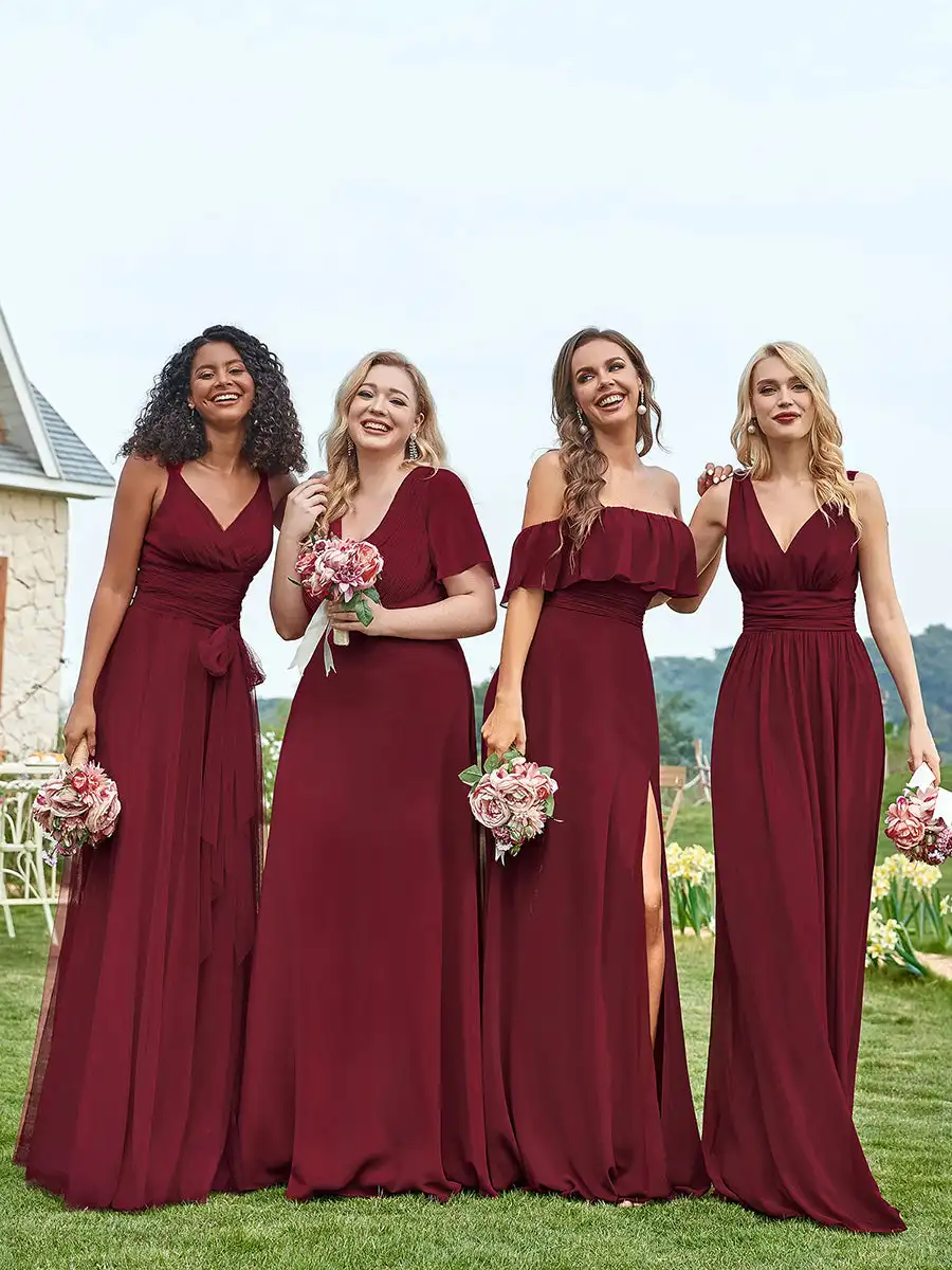 

Elegant Evening Dresses V-Neck Ruffles Padded Empire Waist Floor Length 2025 Ever Pretty of Burgundy Bridesmaid Dress